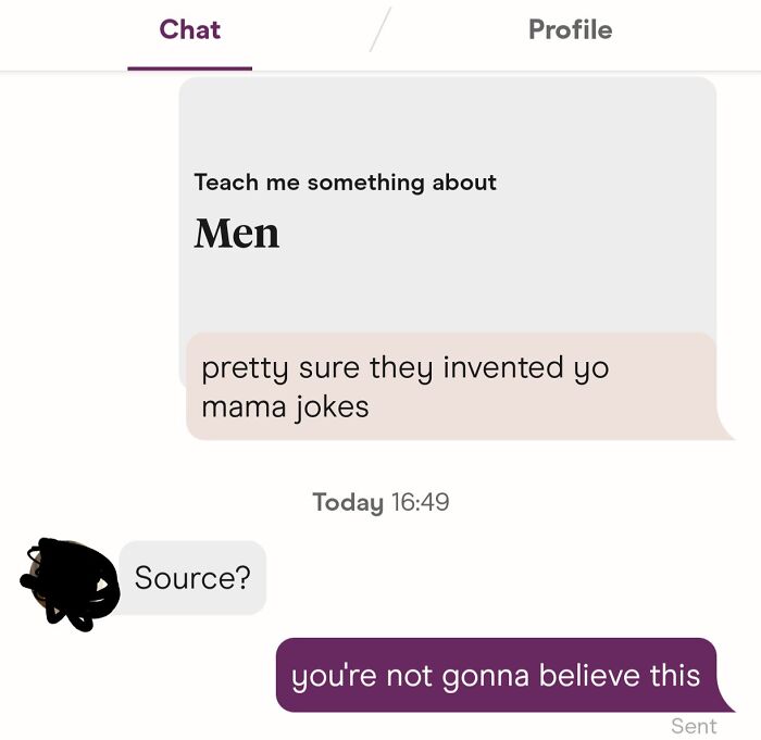 Screenshot of a hilarious Tinder interaction joking about men inventing yo mama jokes in a chat conversation.