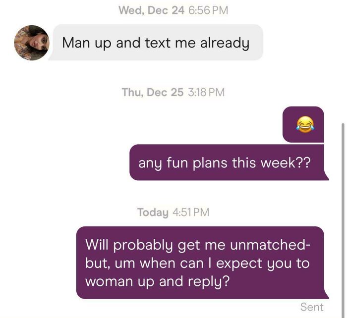 Tinder conversation showing funny exchange about texting and the phrase man up with a humorous twist.