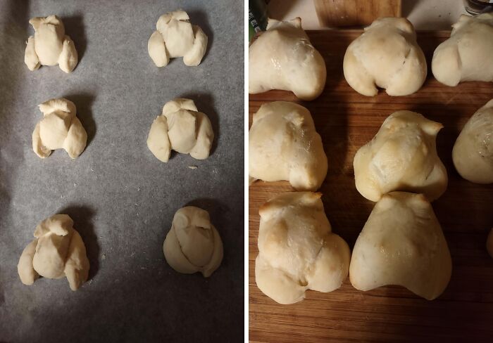 Unintentionally ruined dessert dough shapes before and after baking, highlighting dessert fails and baking mistakes.