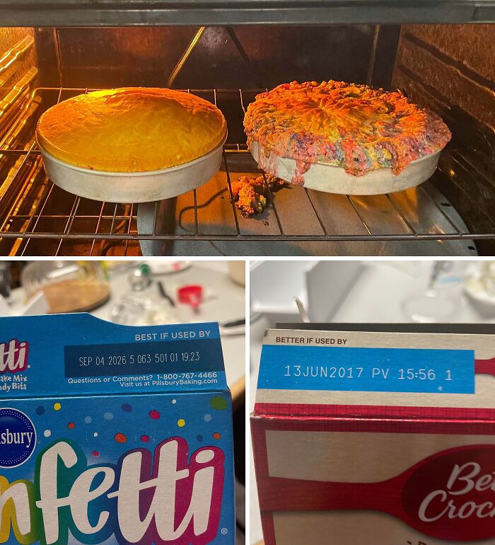 Two pies baking with one overflowing and spilled, alongside expired baking mix boxes, showing dessert ruined mistakes.