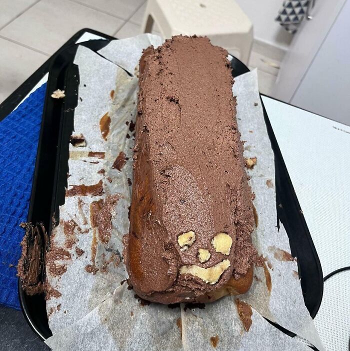 Chocolate dessert with uneven frosting and visible baking mistakes, showing how people managed to ruin dessert in surprising ways.