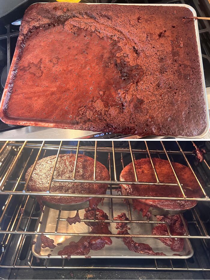 Burnt and overflowing chocolate desserts in baking pans left a mess inside the oven, showing ruined dessert attempts.