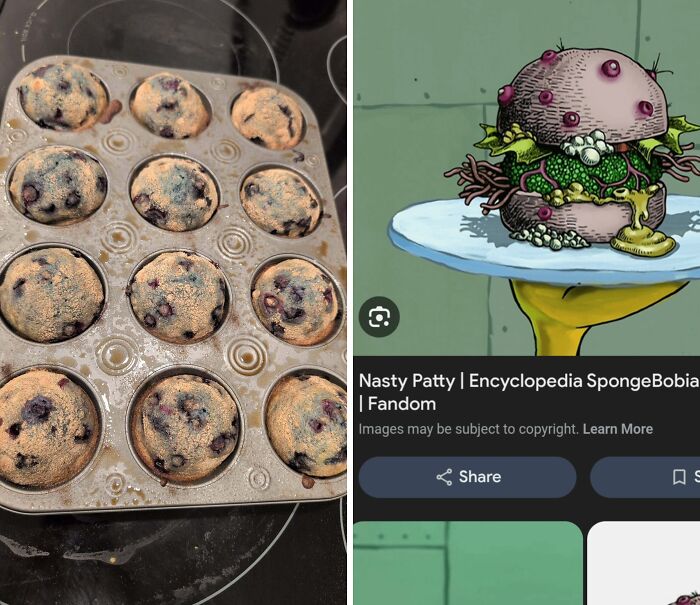 Blueberry muffins with mold in a baking tray, next to an illustration of a disgusting, ruined dessert burger.