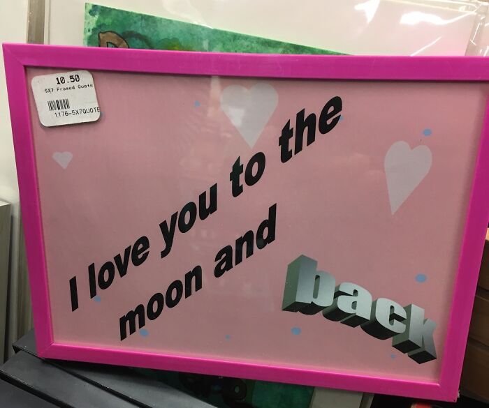 Pink framed design with the phrase I love you to the moon and back featuring bold and 3D text styles, showcasing design fails.