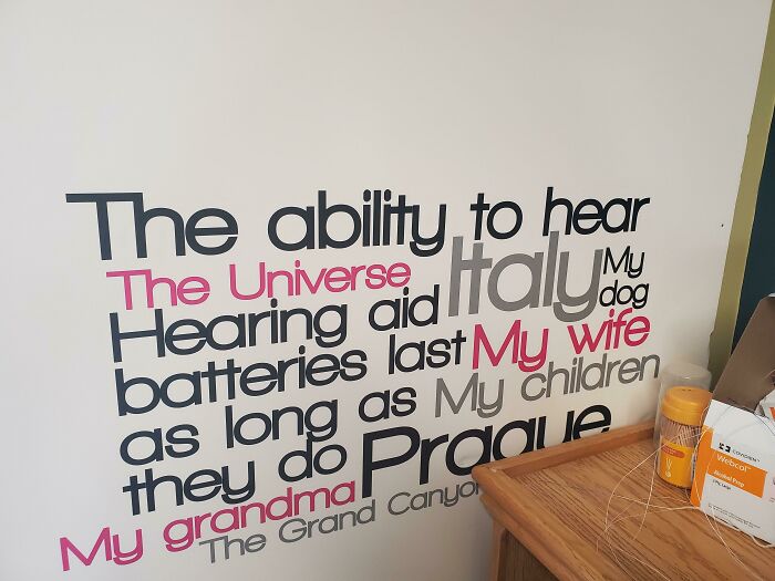 Wall text with various font sizes and colors displaying mixed and poorly arranged words, showcasing failed designer writing attempts.