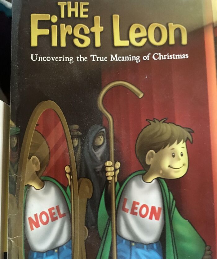 Book cover showing a design fail with words Noel and Leon on a boy's shirt, illustrating designers trying and failing at writing.