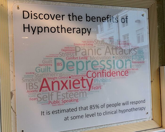 Poster showing common issues like anxiety, depression, and confidence with hypnotherapy benefits, highlighting design text fail.