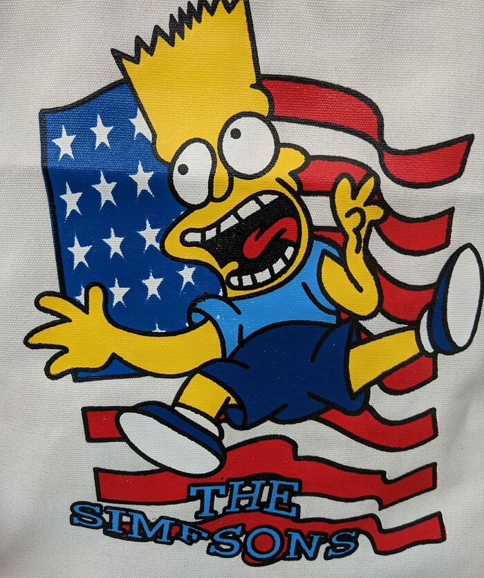 Cartoon character with American flag background and failed typography spelling Simpsons in a designer’s attempt.