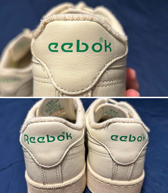Close-up of designer shoes showing a failed design with misspelled brand name, highlighting design mistakes by designers.