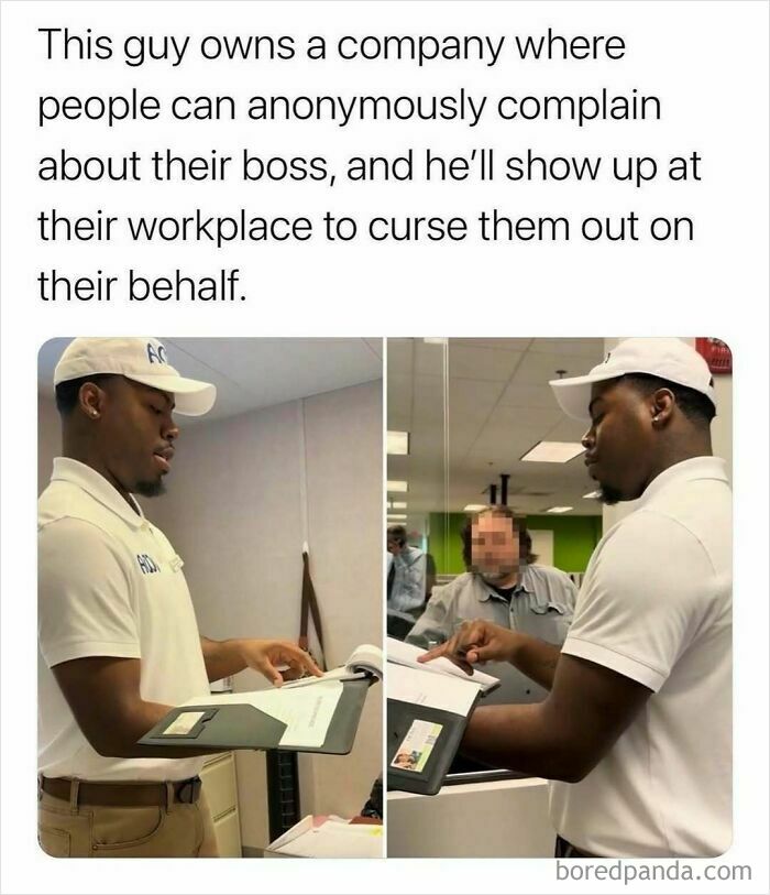 Man in white cap and shirt holding clipboard confronting a blurred man at workplace in viral works meme.