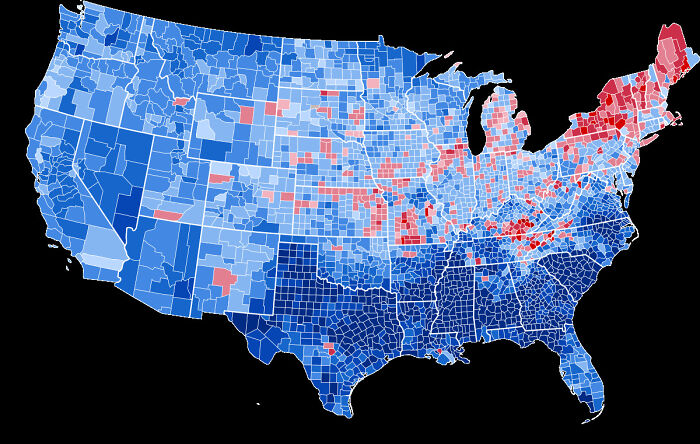 US history map showing regional population or demographic data by county with color coding highlighting historical trends.