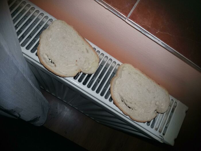 Two slices of bread placed on a radiator, illustrating weird teacher behavior witnessed in class by students.