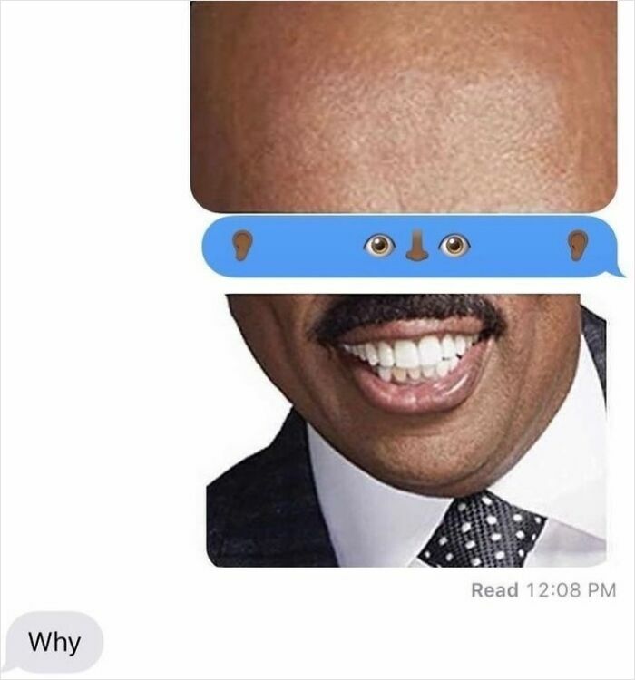 Close-up of a random and bizarre meme with facial feature emojis and a large smiling mouth, captioned why.