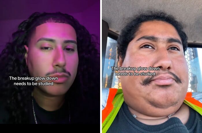 Side-by-side photos showing a man before and after a glow down, illustrating a breakup glow down transformation.