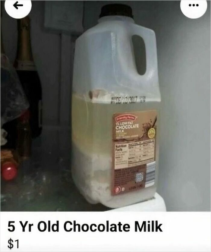 Expired 5-year-old chocolate milk container with mold, illustrating bizarre and random memes that confuse and amuse viewers.