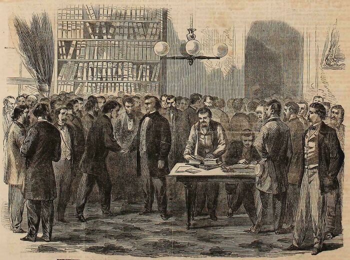 Black and white historical drawing showing a crowded library scene with men reading and conversing in US history photos.