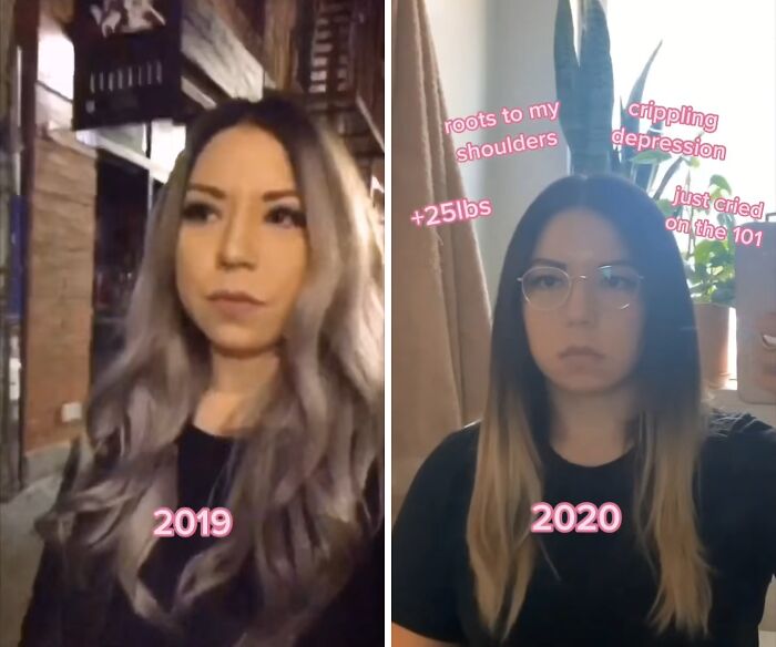 Side-by-side photos showing a woman’s glow down journey with visible changes between 2019 and 2020.