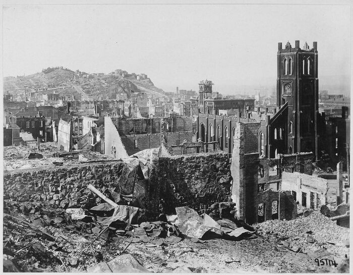 Ruins of buildings and a church in a devastated cityscape, a rare US history photo showing destruction beyond textbooks.