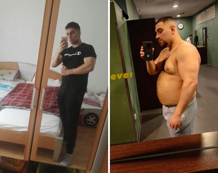 Before and after photos showing a man's glowed down transformation with noticeable weight gain over time.
