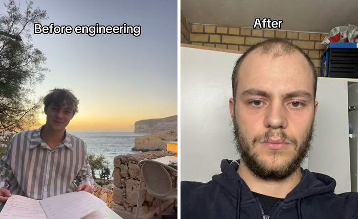 Side-by-side photos showing a man before and after engineering, illustrating a glow down vulnerability transformation.