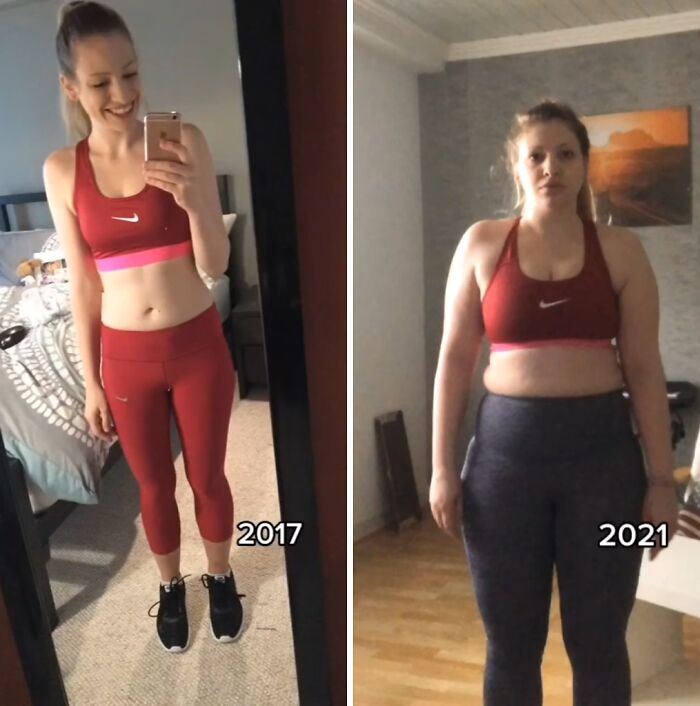 Before and after photos showing a glow down transformation with changes in weight and fitness from 2017 to 2021.