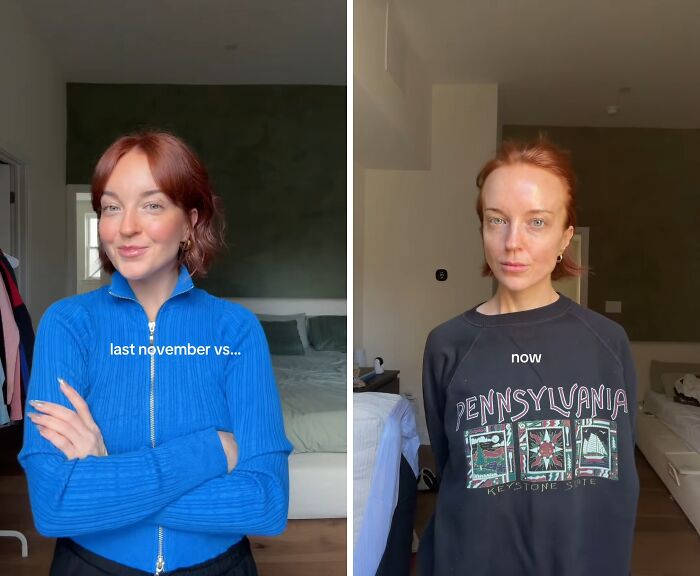 Woman showing glow down transformation over time, wearing a blue zip sweater and a black Pennsylvania sweatshirt indoors.