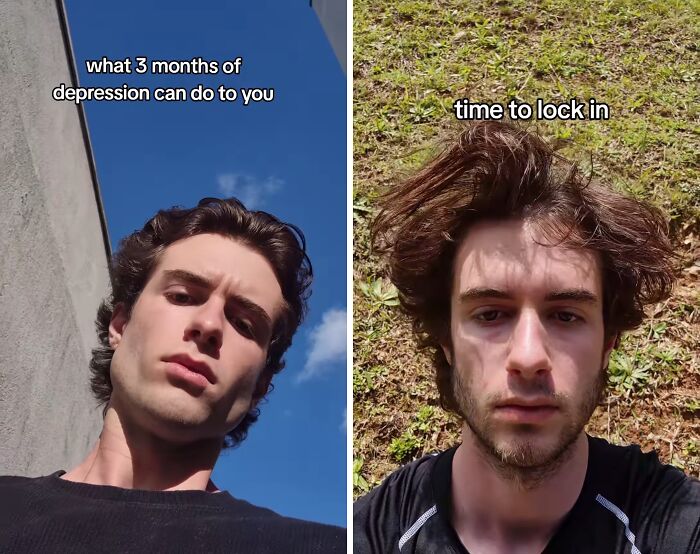 Side-by-side photos of a young man showing effects of depression and personal glow down transformation.