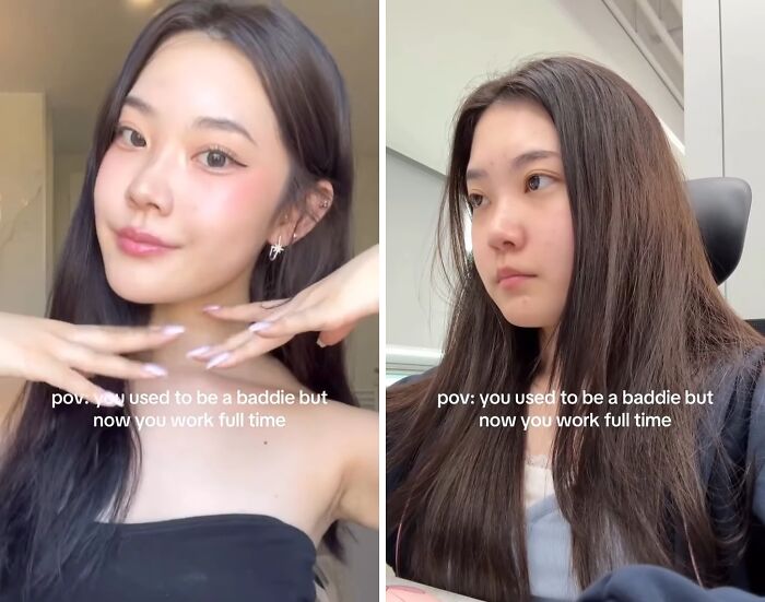 Side-by-side images of a woman showing her glow down transformation with a tired expression at work and a confident pose before.