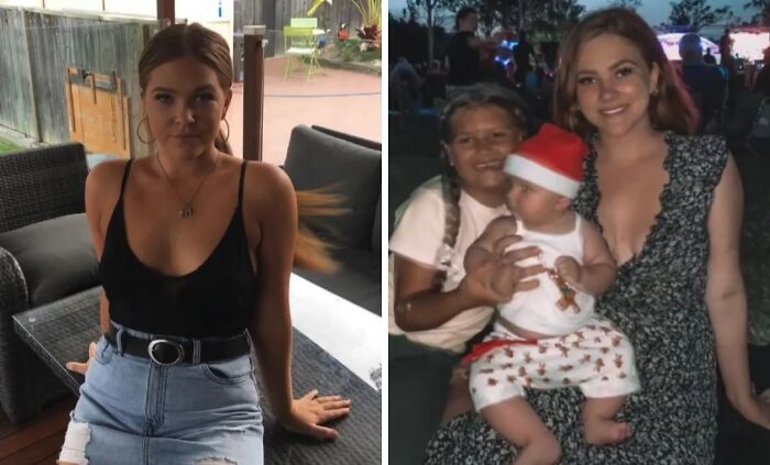 Two images showing a young woman expressing a glow down with casual and family moments.