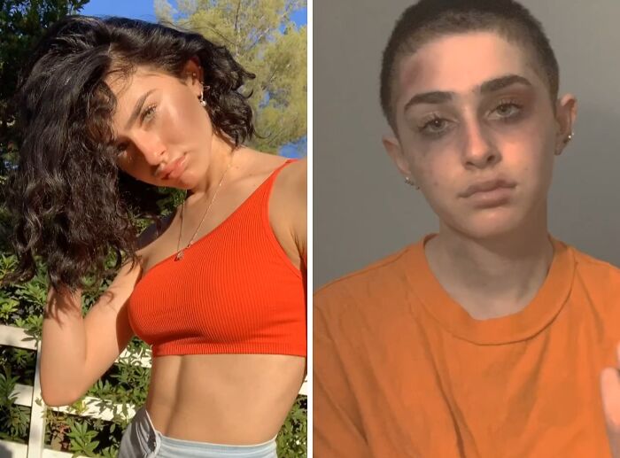 Side-by-side images showing a woman’s glow down transformation with natural and shaved hairstyles in different lighting.