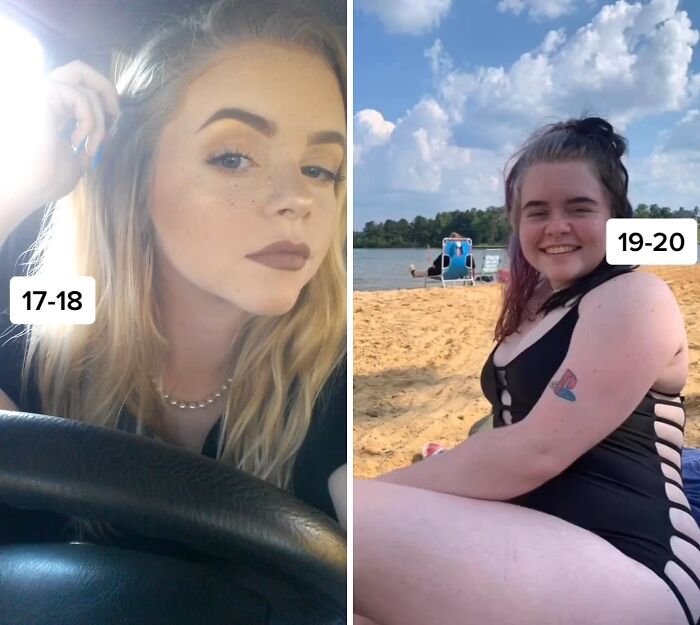 Side-by-side photos showing a woman’s glow down transformation from ages 17-18 to 19-20 at the beach and in a car.