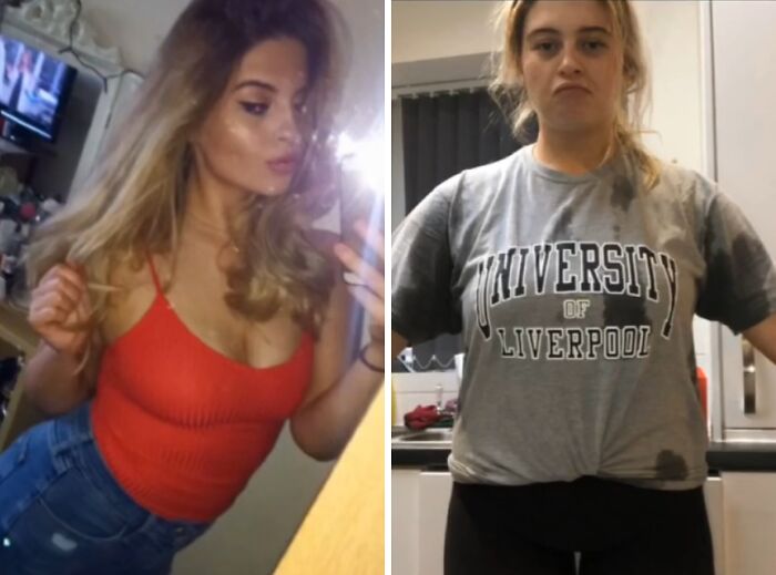 Side-by-side photos of a woman showing a glow down transformation with contrasting outfits and expressions.