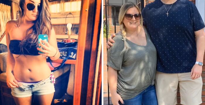 Side-by-side photos of a woman showing a glow down transformation, highlighting vulnerability and personal change.