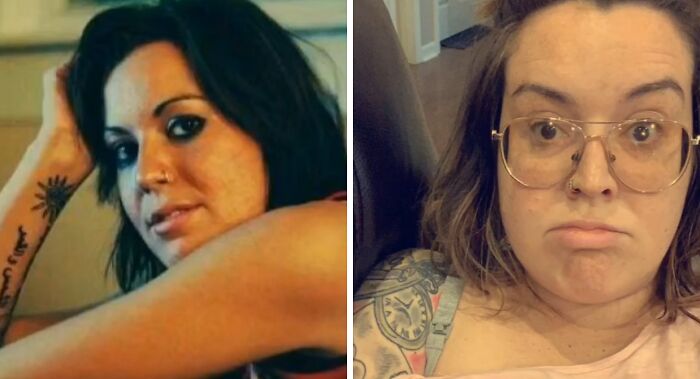 Side-by-side photos of a woman showing a glowing down transformation with visible tattoos and glasses.