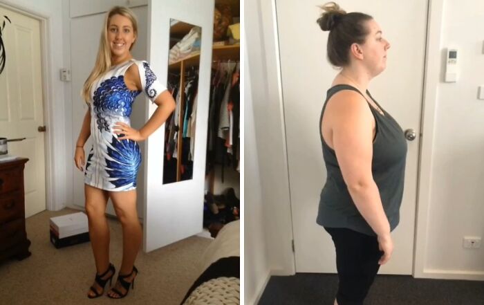 Side-by-side photos of a woman showing a glow down transformation, illustrating changes since her peak.