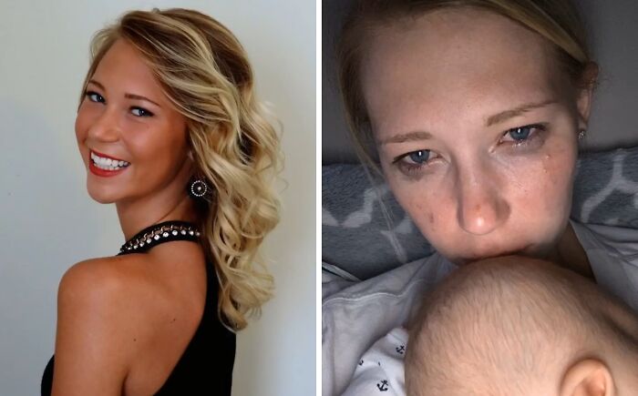 Side-by-side photos of a woman showing her glow down transformation from vibrant to vulnerable with a baby in her arms.