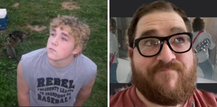 Side-by-side images showing two men illustrating examples of how people have glowed down since their peak moments.