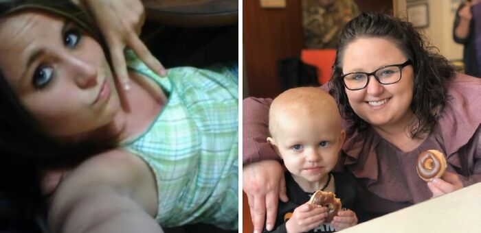 Side-by-side photos showing a woman’s glow down transformation with a younger and older image, highlighting personal change.