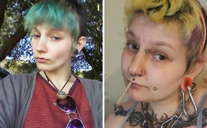Side-by-side comparison of a person before and after a glow down, showing changes in style and appearance over time.