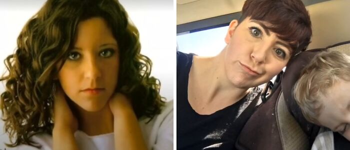 Side-by-side photos showing a woman’s glow down transformation with vulnerable expressions and natural settings.