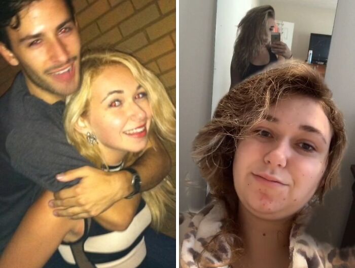 Two side-by-side photos showing personal glow down transformation with candid expressions and casual settings.