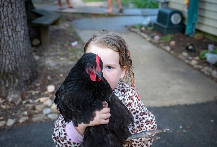 Child holding a black chicken outdoors, a candid moment captured in street photos by Perry Hall showing life exactly as it happens.
