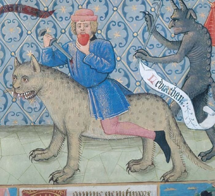 Medieval old painting showing a man riding a large cat with a demon figure nearby, hilariously bad artwork.