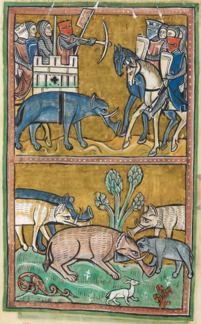 Medieval painting showing knights and animals with strangely distorted features in hilariously bad old paintings.