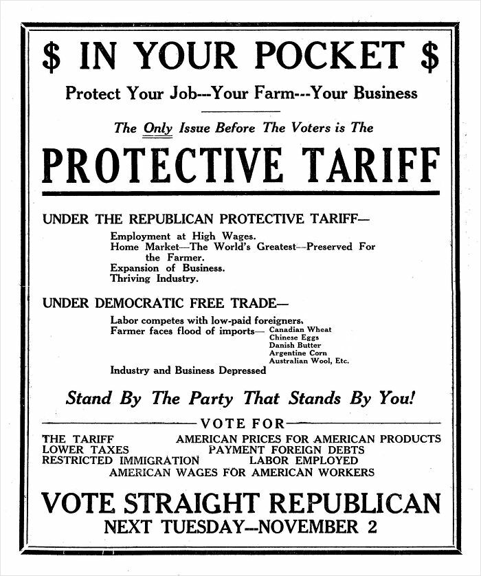 Historical US photo of a political poster promoting protective tariffs and Republican party support in early 20th century America.