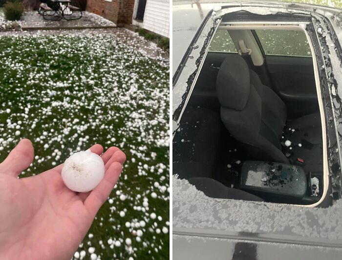 Large hailstones covering a yard and a car with a shattered sunroof from the unfortunate hailstorm event.