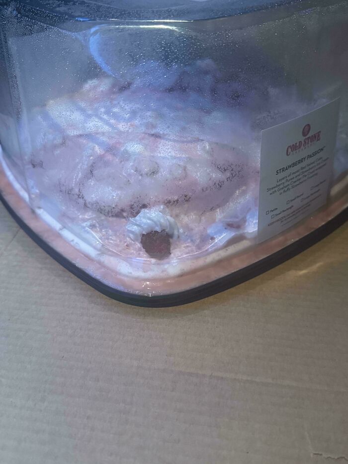 Partially melted and squished strawberry ice cream cake in a plastic container, showing an unfortunate event.