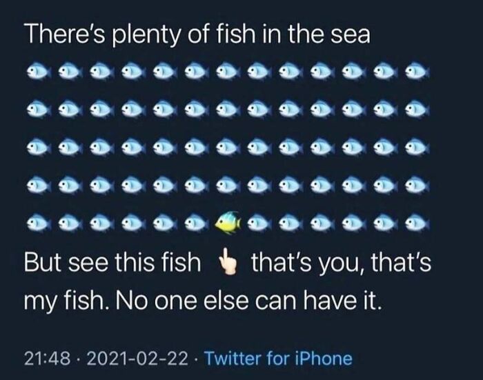 Meme showing many blue fish and one yellow fish, illustrating a loving meme to send to your girlfriend to feel appreciated.