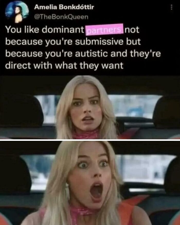 Text post about autistic partners being direct, paired with shocked woman’s two-panel reaction, illustrating life with a neurodivergent brain.