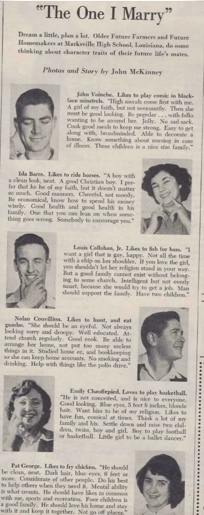 Vintage newspaper clipping showing interesting historical photographs and descriptions of young people’s future spouse preferences.